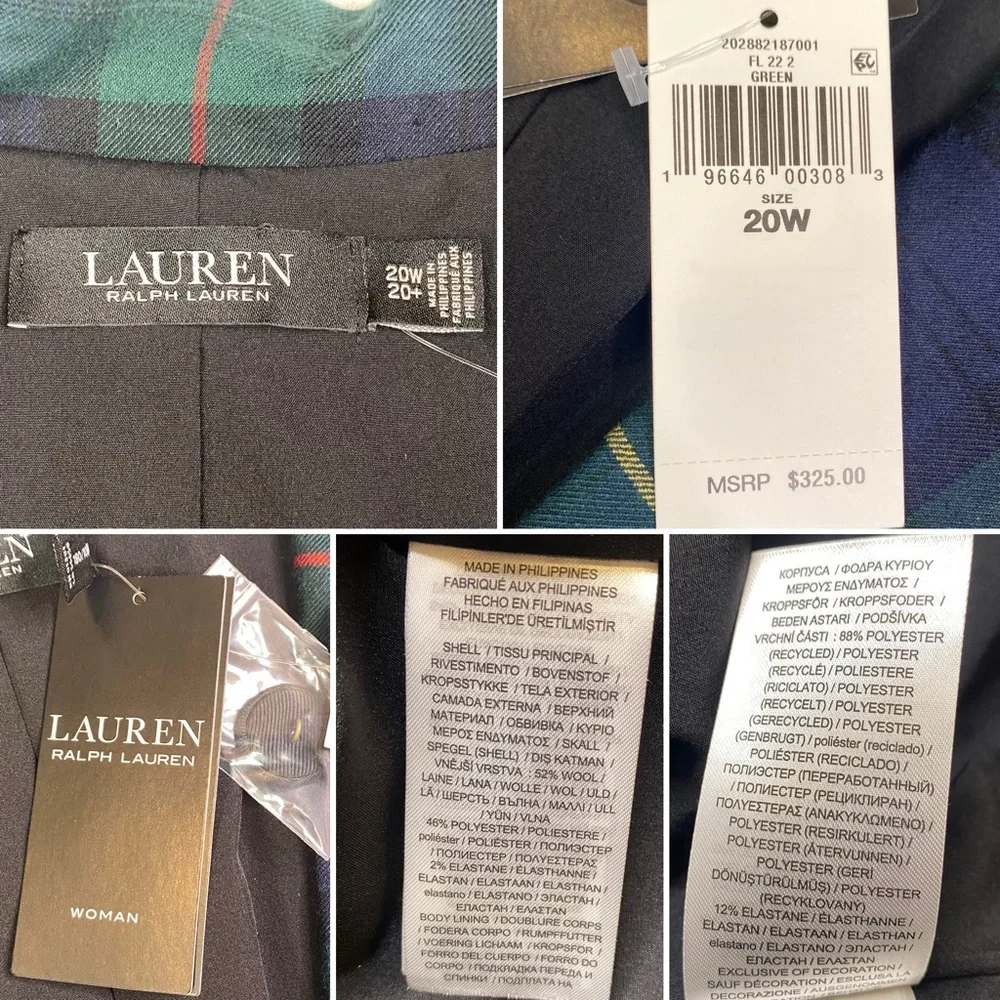 NWT Lauren Ralph Lauren Bullion Plaid Wool-Blend Twill Blazer Size 20W Woman - Picture 16 of 16